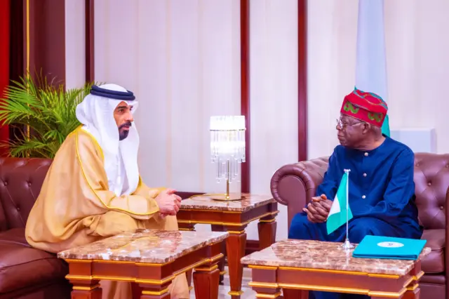 UAE ambassador, Salem Saeed Al-Shamsi (L) at state house the capital, Abuja.