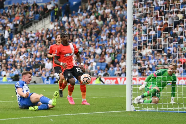 Evan Ferguson scores at the back post  for Brighton v Luton.