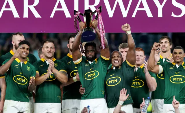 Siya Kolisi of South Africa lifts the Qatar Airways Cup