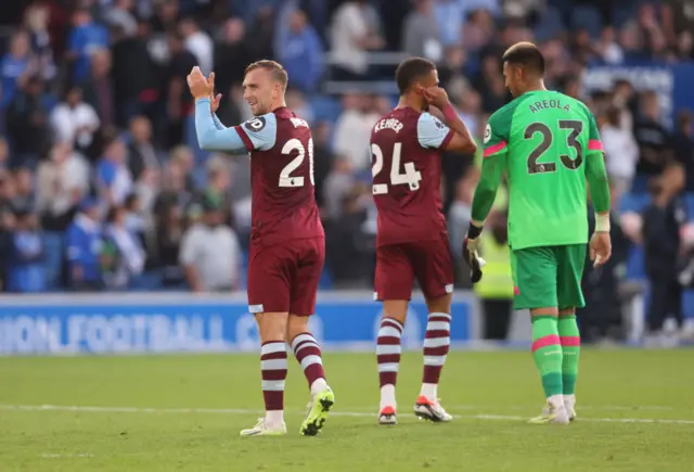 Jarrod Bowen and Thilo Kehrer celebrate West Ham's Premier League win at Brighton