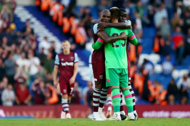 West Ham players celebrate their Premier League victory at Brighton