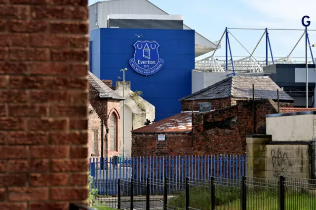 A view of Goodison Park through the terraced houses which surround it.