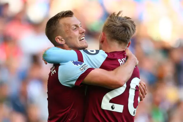 Ward Prowse and Bowen embrace in celebration after West Ham's opening goal.