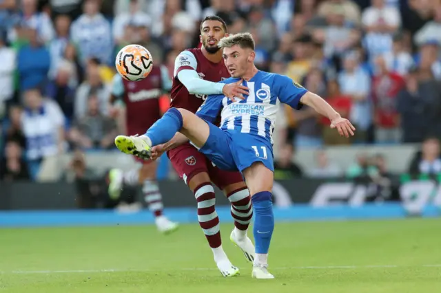 Billy Gilmour beats Said Benrahma to the ball in Brighton's Premier League game against West Ham