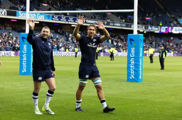Finn Russell and Jamie Ritchie wave to the fans