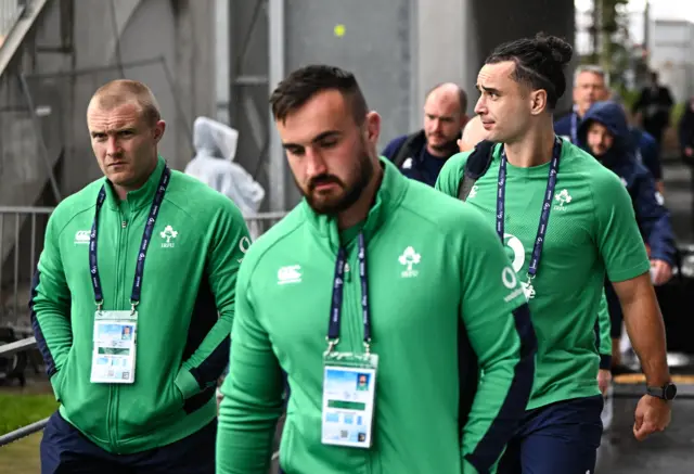 Ireland players, from left, Keith Earls, Ronan Kelleher and James Lowe arrive