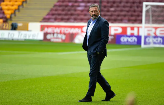 Derek McInnes prowls on the Fir Park pitch