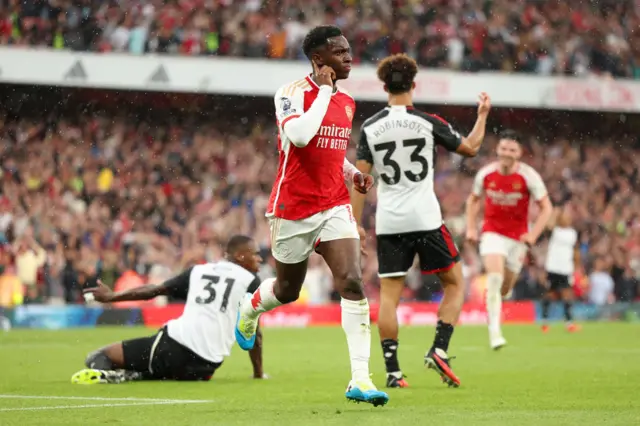 Nketiah celebrates after scoring the second for Arsenal.