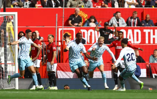 Willy Boly celebrates scoring for Nottingham Forest at Old Trafford