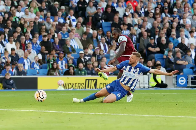 Michail Antonio scores West Ham's third goal against Brighton at Amex Stadium.