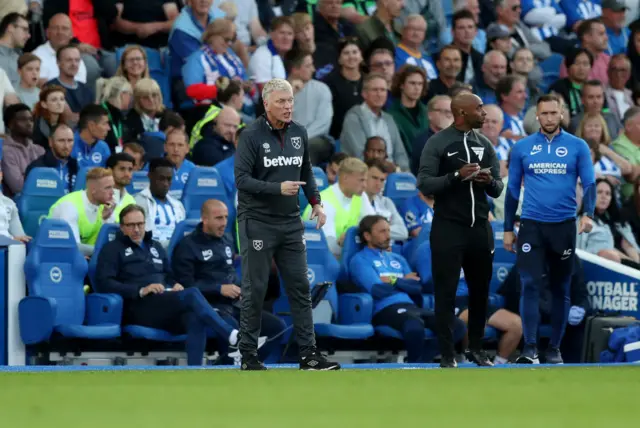 David Moyes issues instructions to his players during West Ham's Premier League game at Brighton