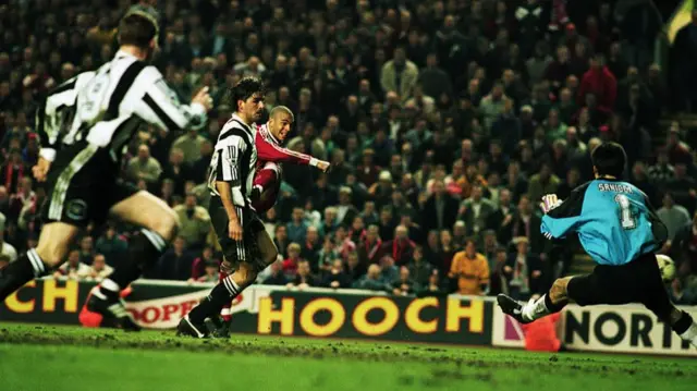 Stan Collymore scores for Liverpool against Newcastle in 1996