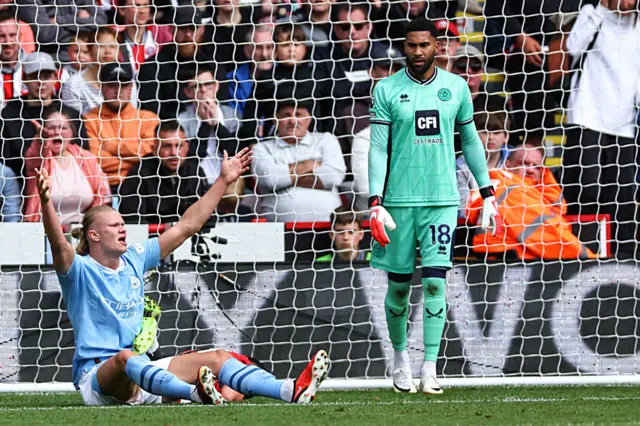 Haaland holds his hands up in the air while on the floor to appeal for a penalty.