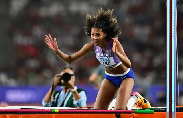 Morgan Lake reacts in disappointment during the women's high jump final