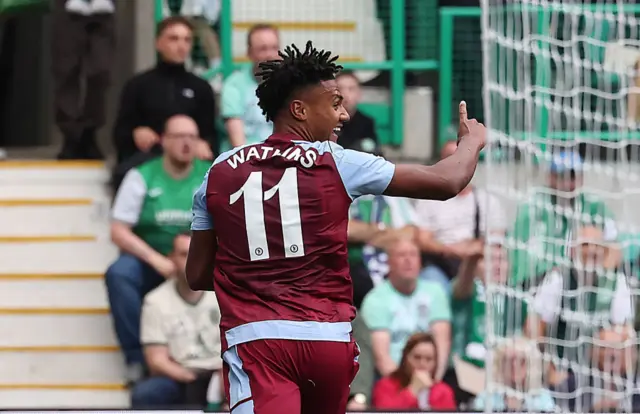 Ollie Watkins celebrates scoring at Hibs