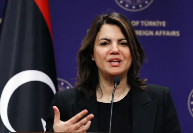 Libyan Foreign Minister Najla al-Mangoush speaks during a press conference with Turkish Foreign Minister at the Ministry of Foreign Affairs in Ankara, on February 13, 2023.