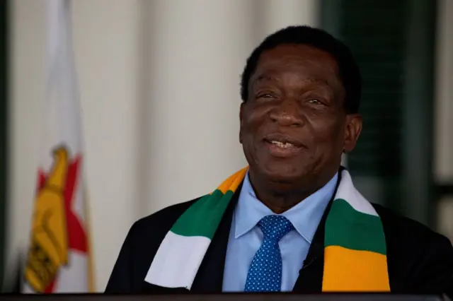 President of Zimbabwe Emmerson Mnangagwa looks on as he addresses a press conference at State House in Harare on August 27, 2023.