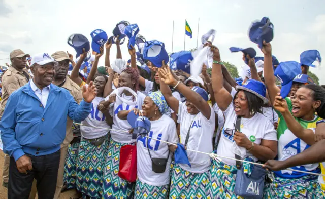 Ali Bongo Ondimba, the outgoing Gabonese president and candidate to succeed him in the presidential election on 26 August 2023, at his campaign rally in Ntoum (42 km from Libreville) on 20 August 2023.