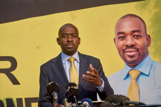 President of the Citizens Coalition for Change (CCC), Nelson Chamisa speaks during the press conference over the results of the general election in Harare, Zimbabwe on August 27, 2023.