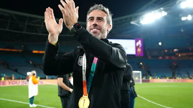 Spanish women's football team coach Jorge Vilda celebrating after the team's World Cup victory