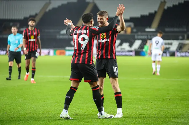 Ryan Christie of Bournemouth celebrates after he scores a goal to make it 3-2 with team-mate Justin Kluivert