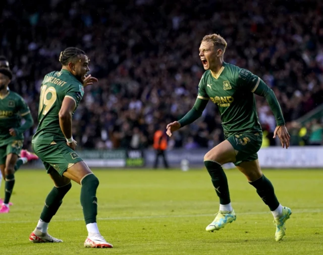 Plymouth Argyle's Ben Waine celebrates scoring their side's first goal