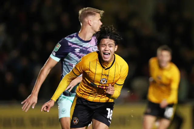 Kiban Rai of Newport County celebrates after scoring the team's first goal