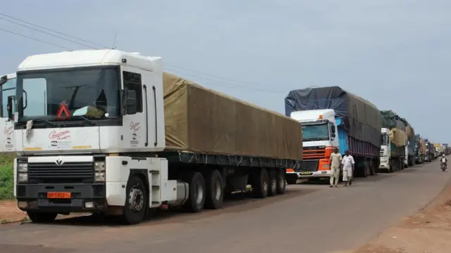 Trucks carrying food, humanitarian aid, and industrial equipment wait due to sanctions imposed by Niger's regional and international allies, in the border town of Malanville, Benin August 18, 2023