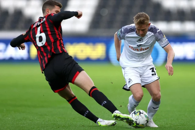 AFC Bournemouth's Chris Mepham in action with Swansea's Oliver Cooper