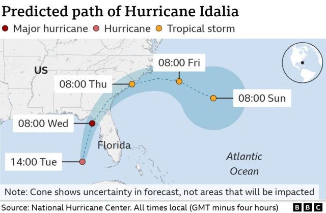 A map showing the path of Hurricane Idalia