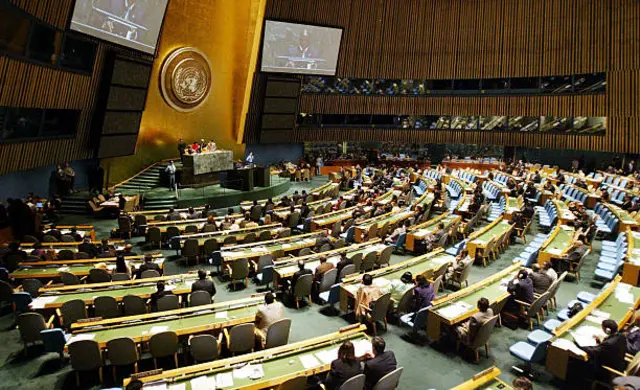 Members of the United Nations General Assembly hold a meeting on HIV/AIDS at UN headquarters September 22, 2003 in New York City. According to a report by UNAIDS, goals set at the Millennium Summit were not met by most countries.