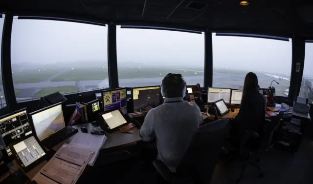 Controllers at Southampton Airport Air Traffic Control Tower during foggy conditions