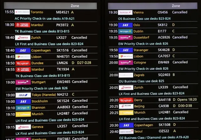 Heathrow Airport departure board displaying cancellations