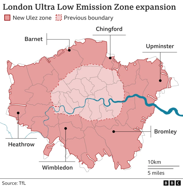 A map of the Ulez zone which shows it covering nearly all of Greater London, with the old zone shaded in a lighter pink. Clockwise from top left, Barnet, Chingford, Upminster, Bromley, Wimbledon and Heathrow are annotated on the map