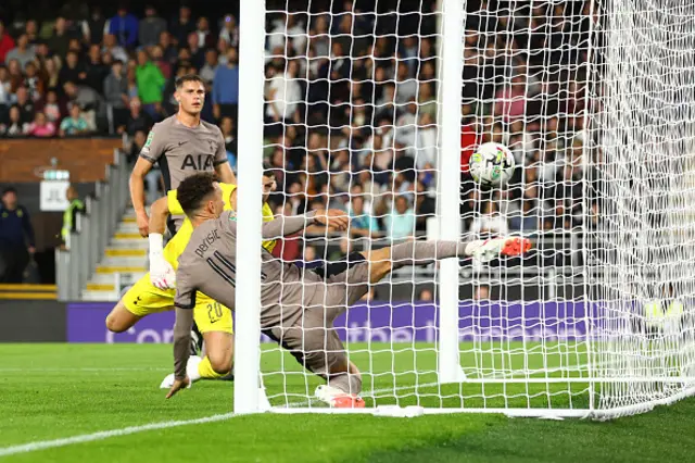 Ivan Perisic of Tottenham Hotspur fails to block the own-goal of Micky van de Ven of Tottenham