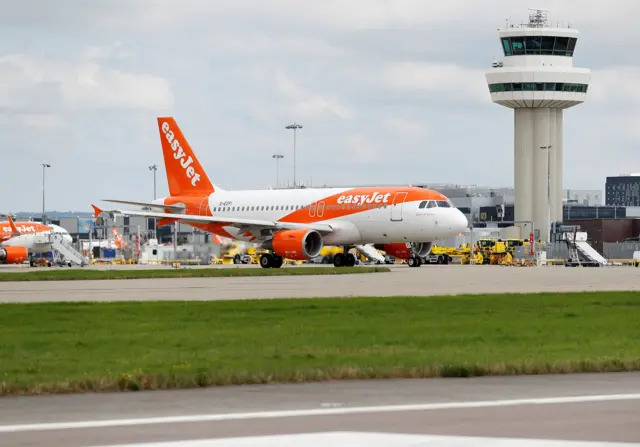 An Easyjet Airbus aircraft taxis close to the northern runway at Gatwick Airport