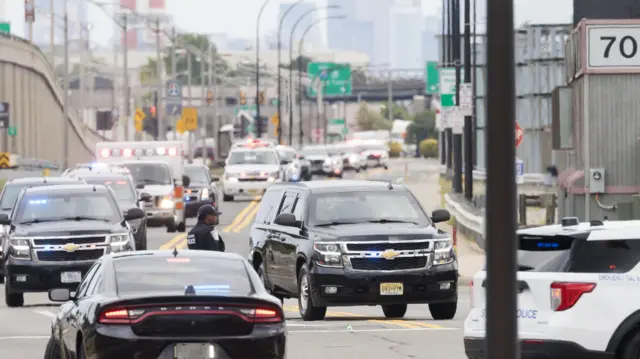 The motorcade of former US President Donald J. Trump arrvies to Newark Liberty International Airport