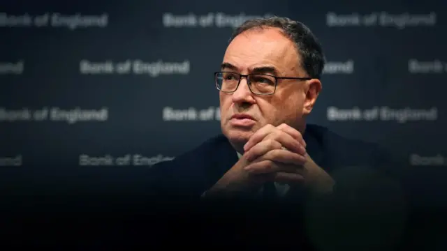 Bank of England Governor Andrew Bailey looks on during a press conference at the Bank of England in London on 3 August 2023