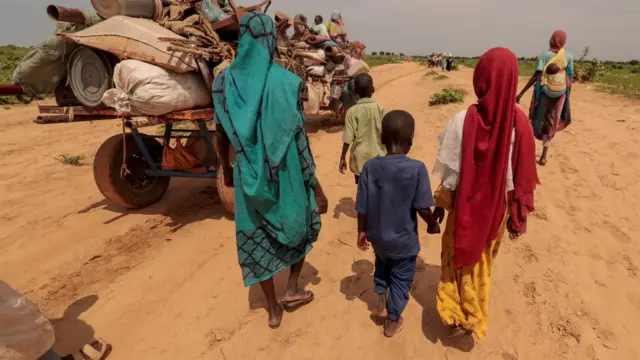 udanese people, who fled the conflict in Murnei in Sudan's Darfur region, walk beside carts carrying their belongings upon crossing the border between Sudan and Chad in Adre, Chad August 2, 2023