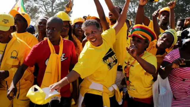 Citizens Coalition for Change (CCC) supporters attend CCC leader Nelson Chamisa's 2023 election campaign rally in Marondera, Zimbabwe, 30 July 2023