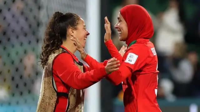 arah Kassi (left) and Nouhaila Benzina of Morocco celebrate after winning the FIFA Women's World Cup 2023 soccer match between Morocco and Colombia at Perth Rectangular Stadium in Perth, Australia, 03 August 2023