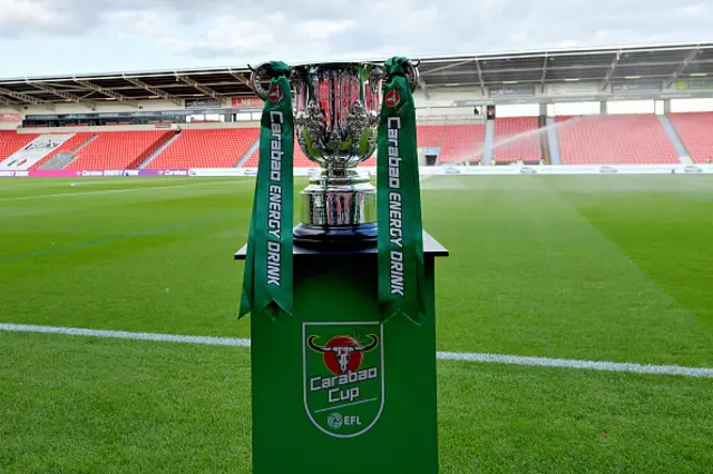 Carabao Cup on a plinth at Doncaster Rovers stadium