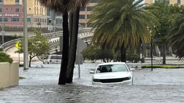 A car stuck in flood water in Tampa