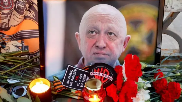 A view shows a portrait of Wagner mercenary chief Yevgeny Prigozhin at a makeshift memorial in Moscow, Russia August 24, 2023.