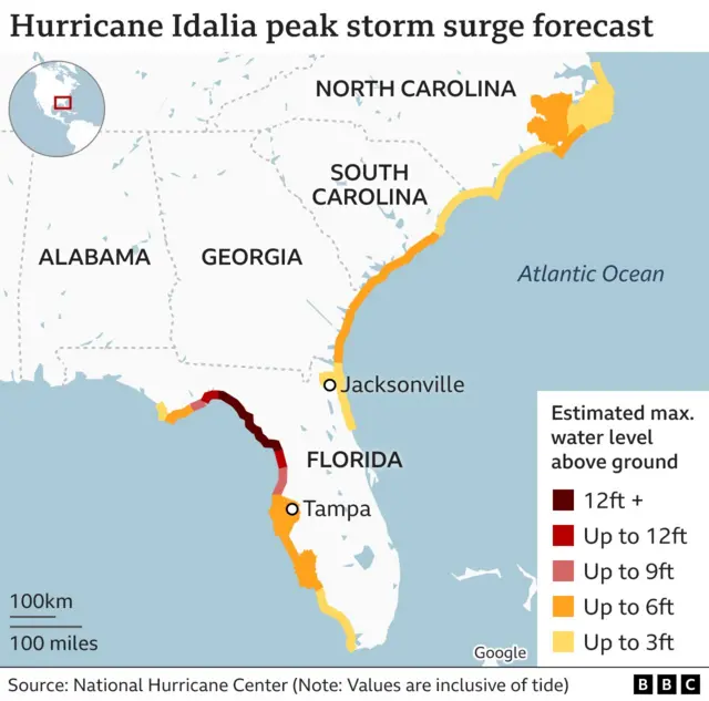 Map shows predicted path of the hurricane