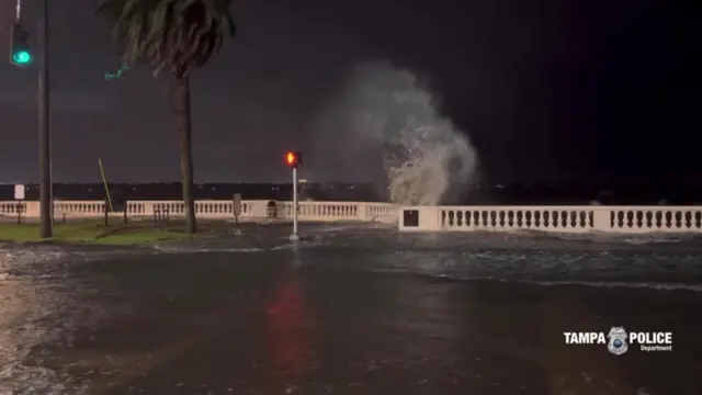 Waves crash against the seawall due to strong wind as Hurricane Idalia hits Tampa Bay, Florida, U.S., August 30, 2023