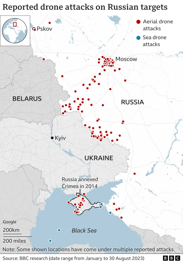 Map showing the locations in western Russia of drone attacks