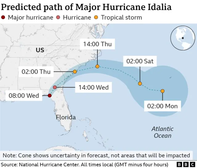 Map shows predicted path of the hurricane