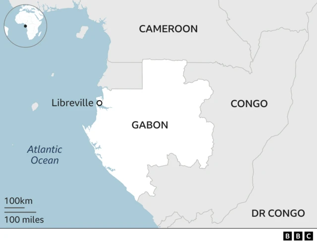 A BBC map shows Gabon relative to its neighbours to the north and east, including Congo-Brazzaville, the Democratic Republic of Congo and Cameroon. The Atlantic Ocean is to the west, and Gabon's capital Libreville is on the coast