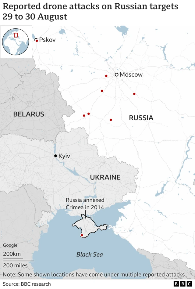 A map shows the location of drone attacks: one in Pskov in the north west, Once close to Moscow, another five to the south and south-west of Moscow and one at the southern tip of Crimea